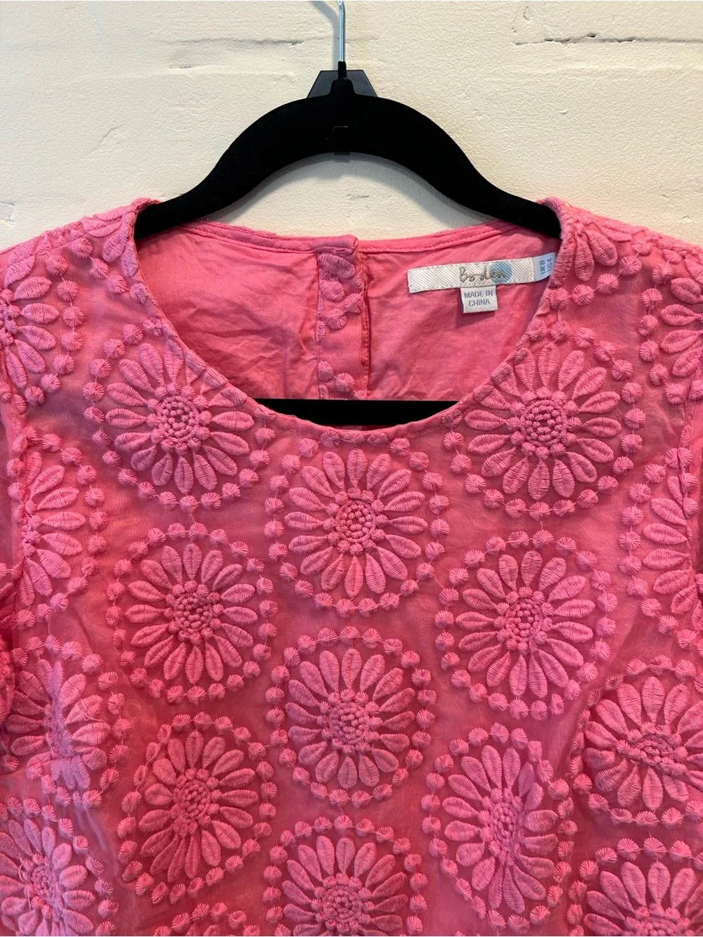 Boden Pink Floral Embroidered Cotton Organza Top Sheer 3/4 Sleeve Blouse Size 4